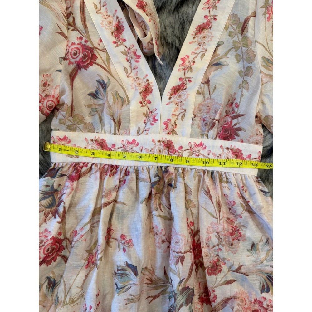 Floral Linen Blend Tiered Mini Dress Puff Sleeve Open Back Tie Pink Cream - Picture 8 of 10